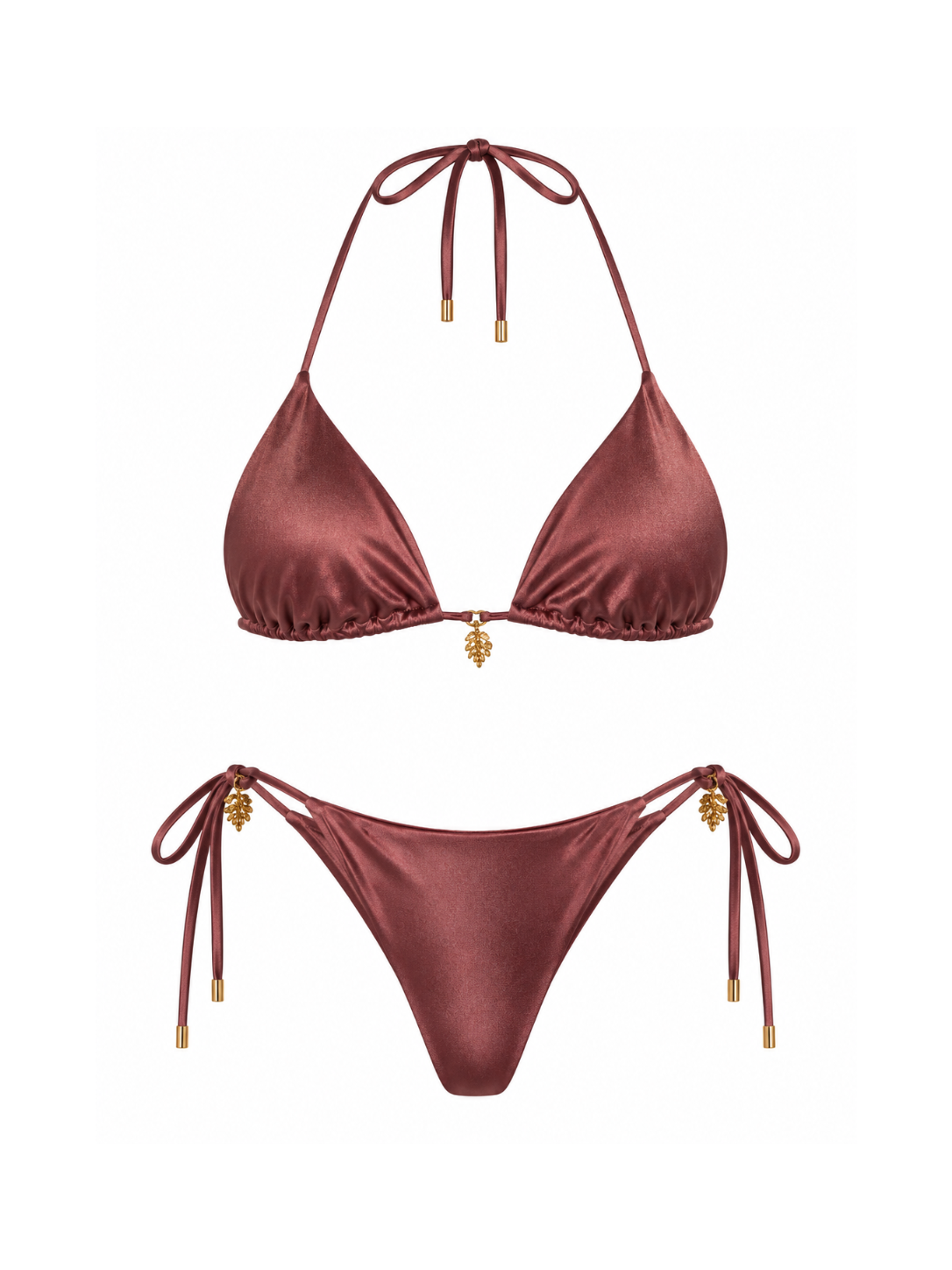 A two-piece satin bikini set in a deep chocolate color, featuring a halter triangle top with a small gold pineapple charm and matching tie-side bottom with gold pineapple accents, displayed on a solid white background.