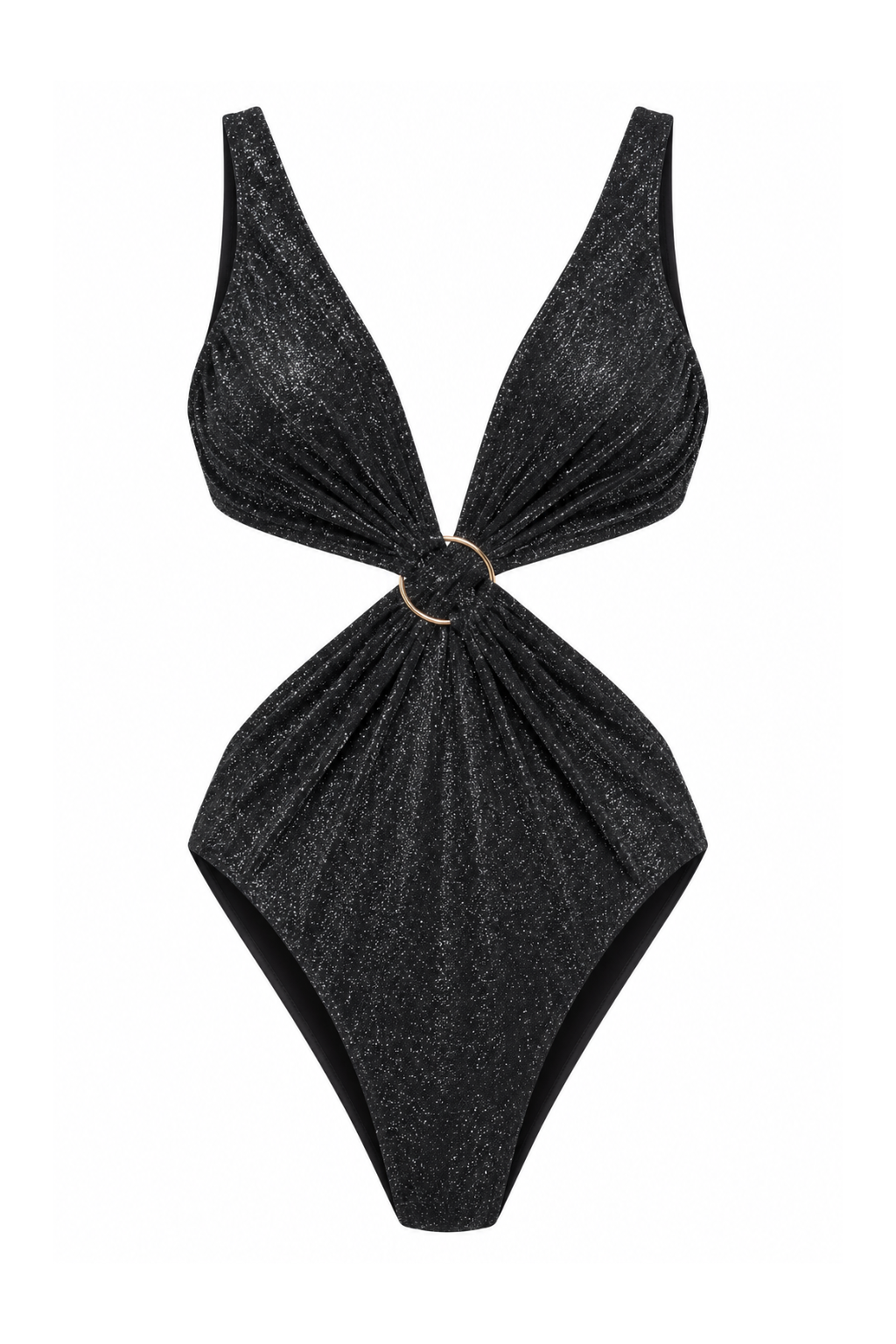 A black glittery one-piece swimsuit with a twisted front detail and a gold-tone ring accent at the center, shown against a plain white background.