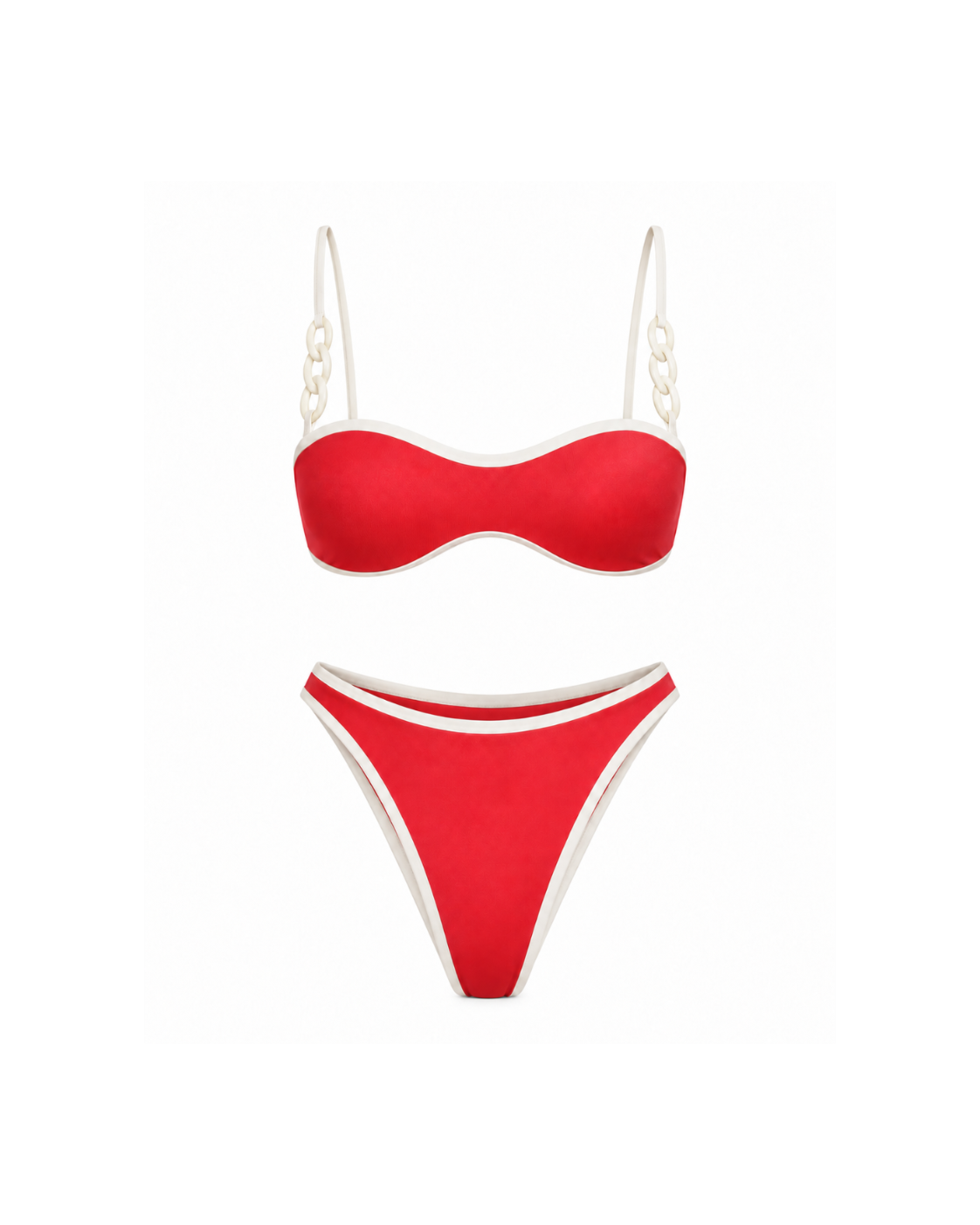 A two-piece bikini set featuring a bright red bandeau-style top with white trim and chain details on the straps, paired with matching high-cut bikini bottoms in red with white trim, shown against a plain white background.