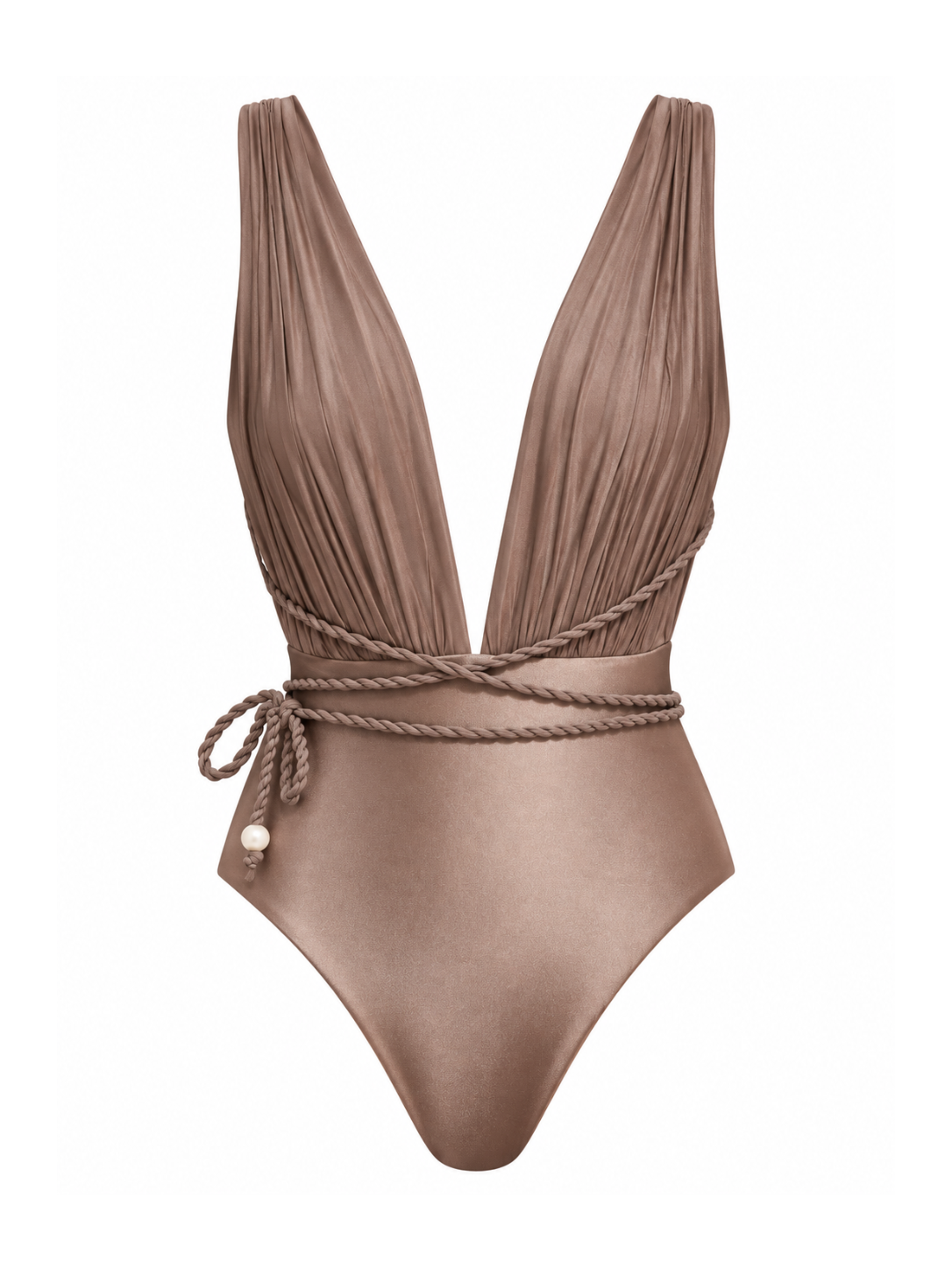 A taupe brown one-piece swimsuit with a deep V-neckline, gathered pleated fabric, and a braided rope waist tie with a small pearl accent, shown on a plain white background.