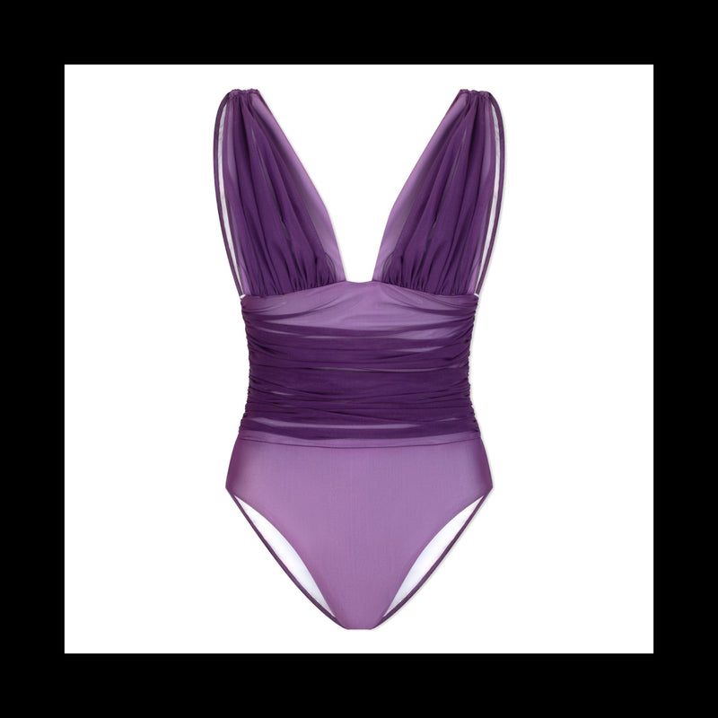 Purple swimsuit with sheer straps on a white background
