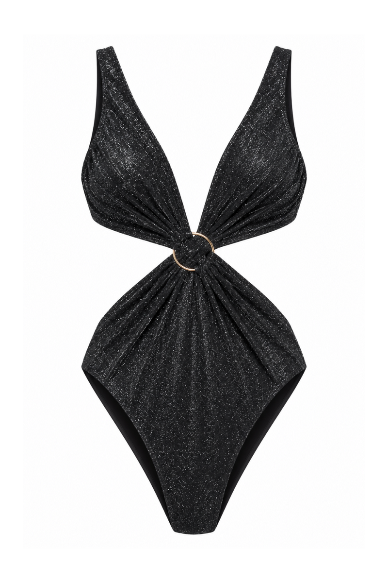 A black glittery one-piece swimsuit with a twisted front detail and a gold-tone ring accent at the center, shown against a plain white background.