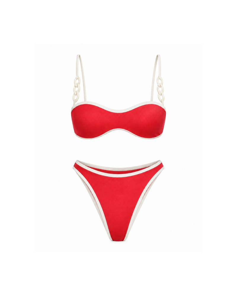 A two-piece bikini set featuring a bright red bandeau-style top with white trim and chain details on the straps, paired with matching high-cut bikini bottoms in red with white trim, shown against a plain white background.