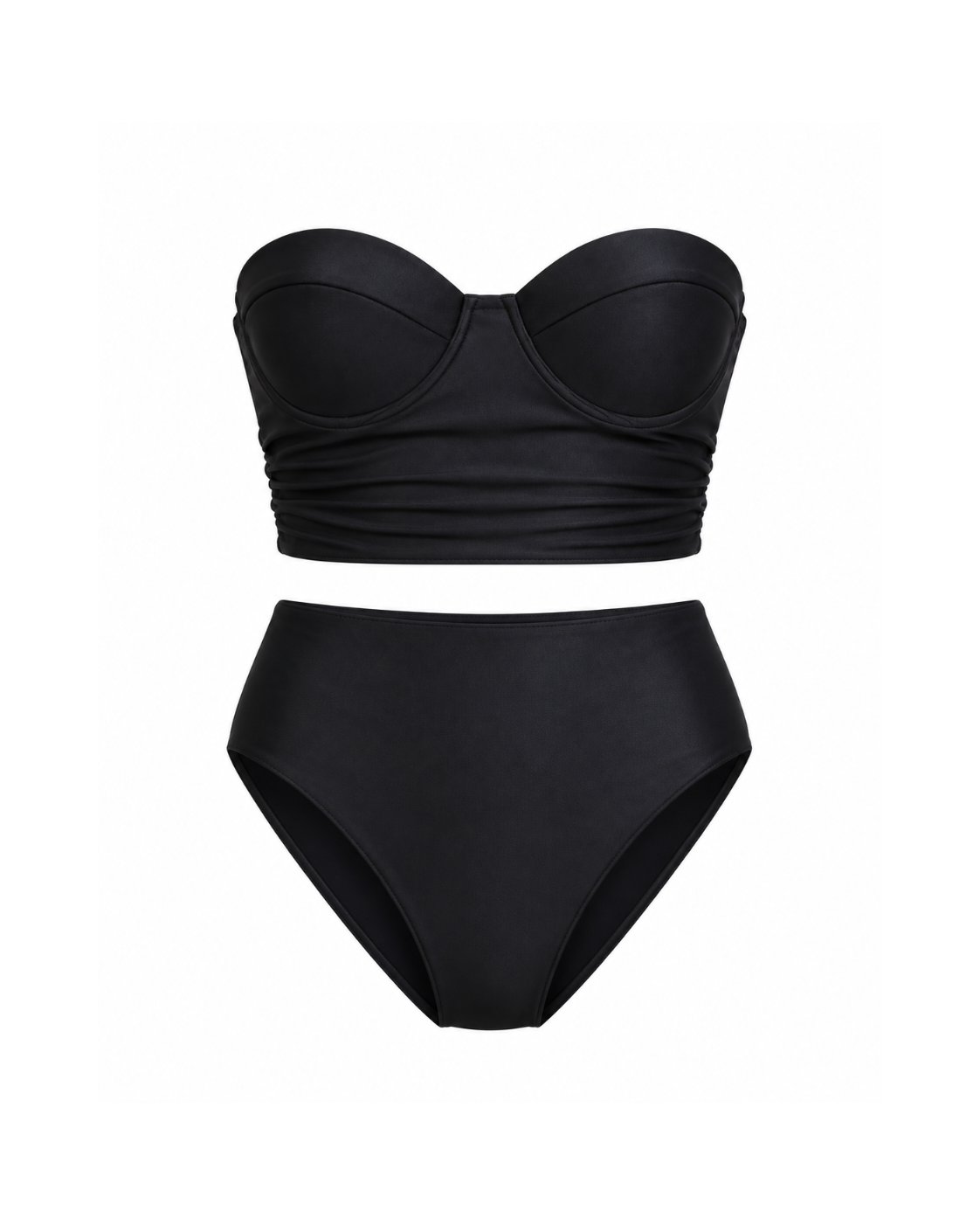 A two-piece black bikini set featuring a strapless bandeau-style top with gathered detailing and high-waisted bottoms, shown against a plain white background.